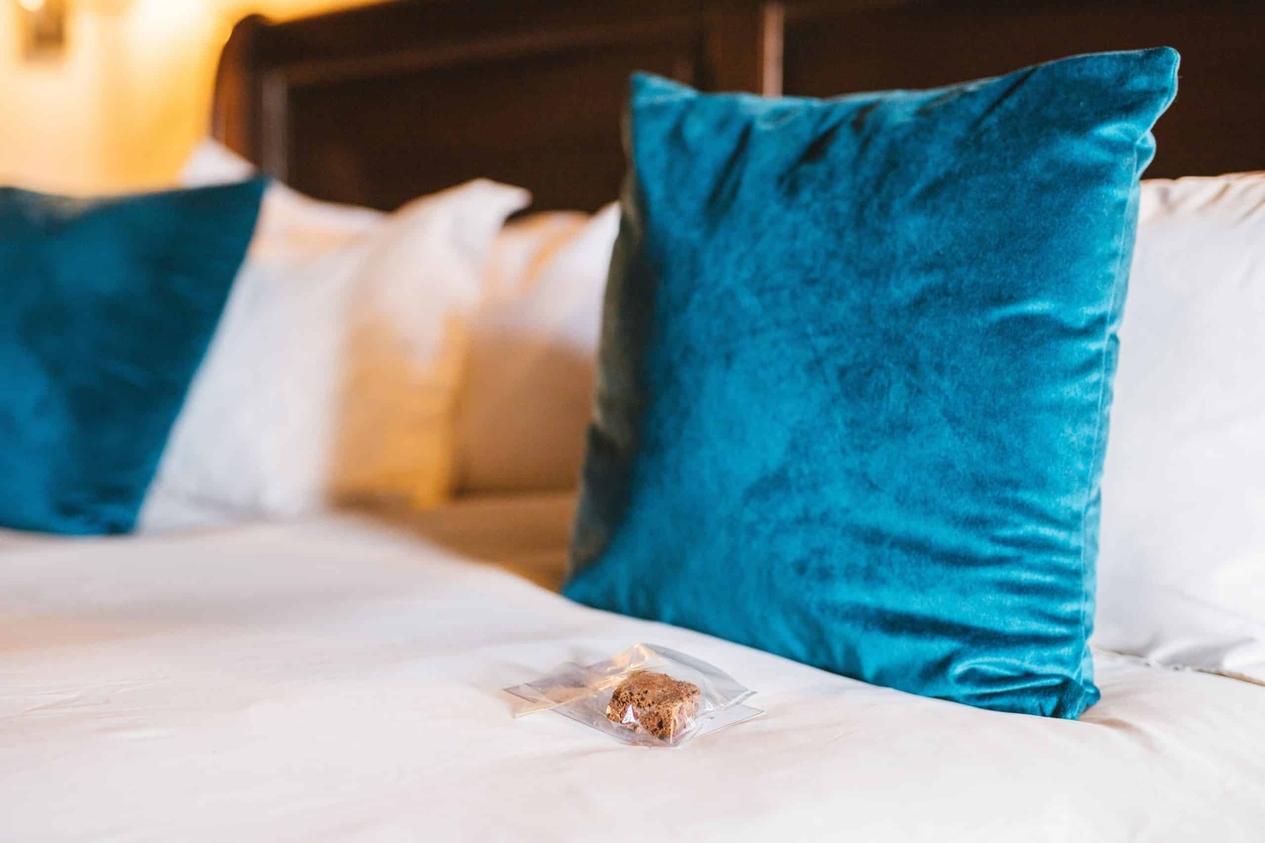 snack on a bed in front of a blue pillow